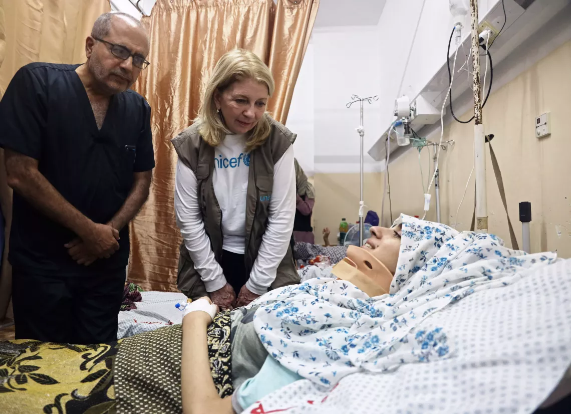 Catherine Russell, UNICEF Executive Director, and Ted Chaiban, UNICEF Deputy Executive Director for Humanitarian Action and Supply Operations, visit Al Naser Hospital